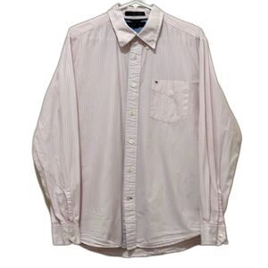 Tommy Hilfiger Button Down Shirt Mens Large Preppy Pin Stripe Pink Y2K 90s